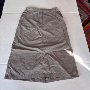 Vintage Laura Ashley maxi Skirt
Khaki Skirt with Front Pockets
Back kick vent